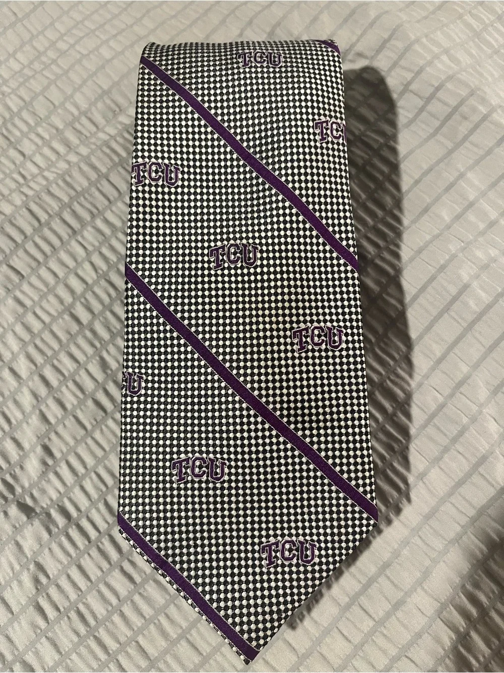 TCU Texas Christian University 100% Silk Neck Tie Rivetz of Boston Purple Logo